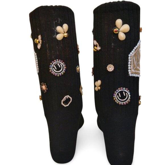 Golden Diamond Embroidered Crystal Charm Black Junk Slouch Socks  TT1516 - Picture 3 of 7